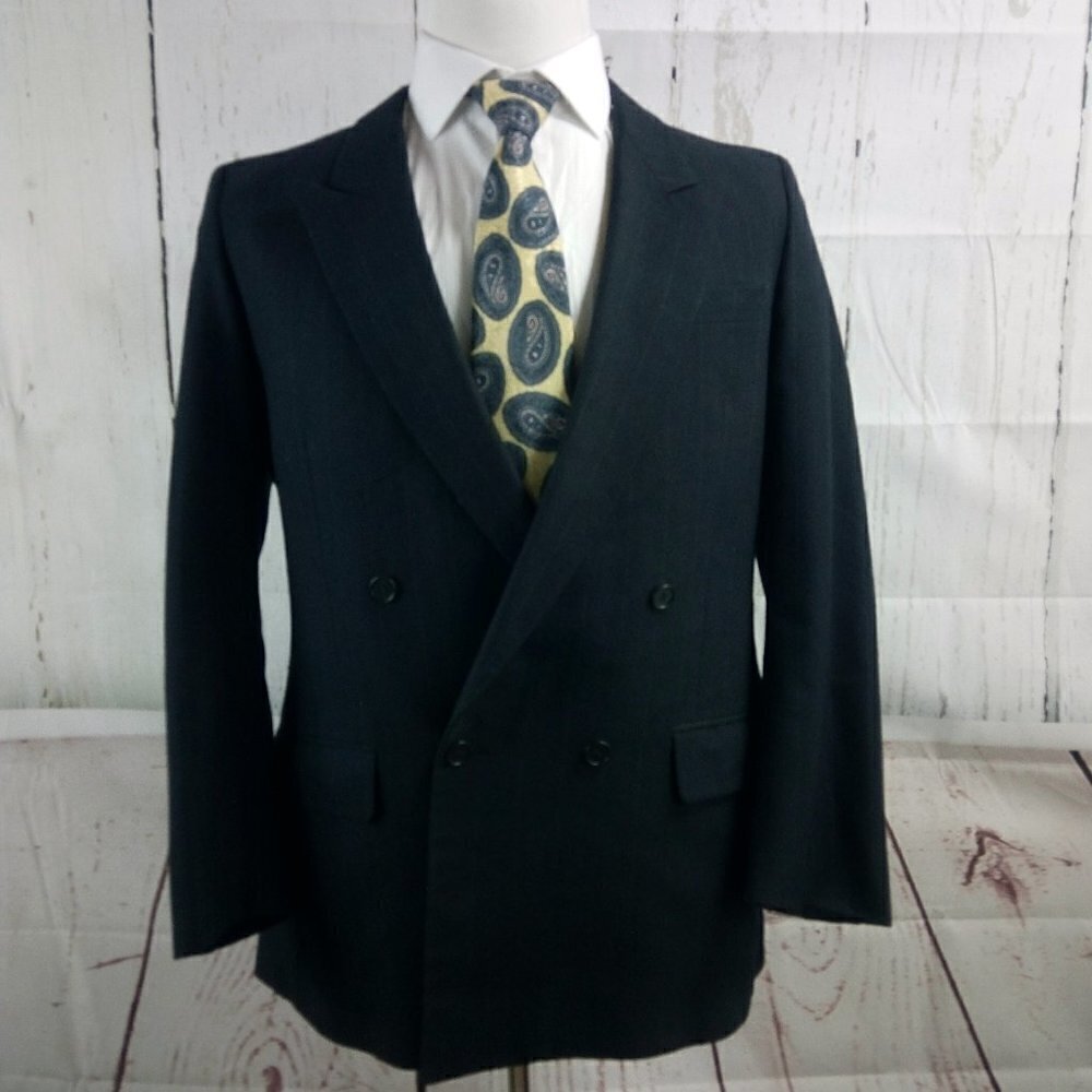 Vintage Sasson 42R Double Breasted Dark Blue Striped Suit Blazer Sport Coat